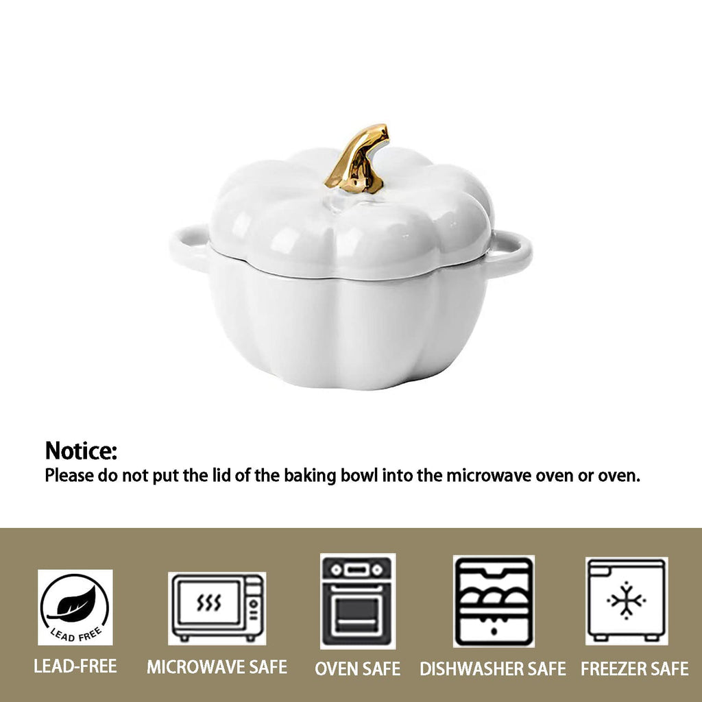 Pumpkin Bowl Set with Lid and Handle, 14 Oz Ceramic Ramekins for Baking, Casserole Dish Individual Severing Pot