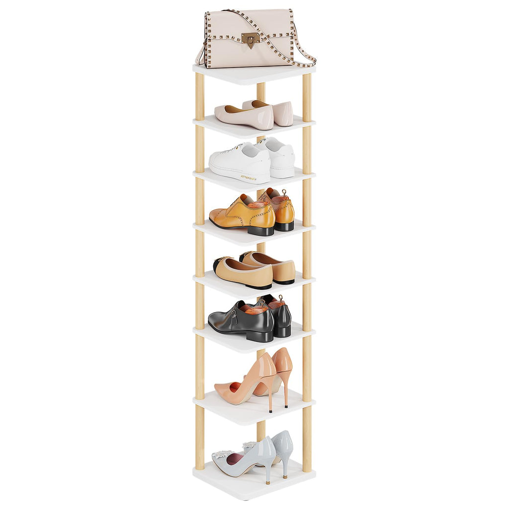 8 Tiers Vertical Shoe Rack, Tall Narrow Shoe Tower, Corner Shoe Rack, White