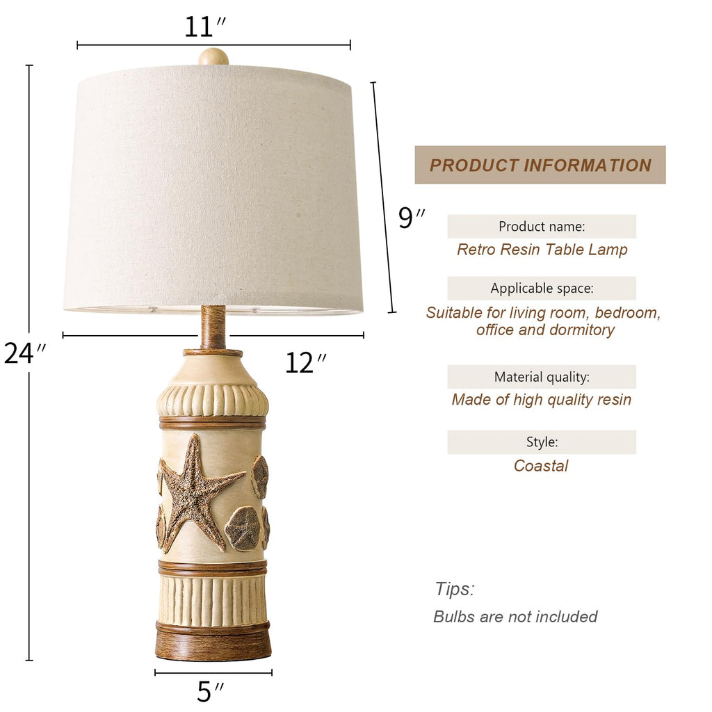 24" Table Lamps Set of 2, Boho Table Lamps, Bedside Lamp for Nightstands, Coastal Nautical Lamp with Starfish Conch