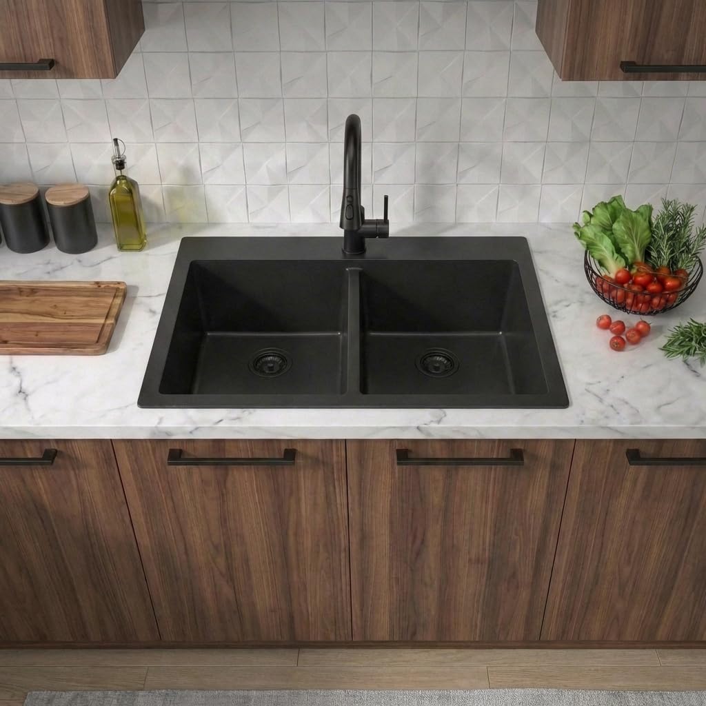 Black, 33x22 Drop In Black, Top Mount Stainless Steel Sink, Large Capacity, 50/50 Double Bowl Sink with Unique