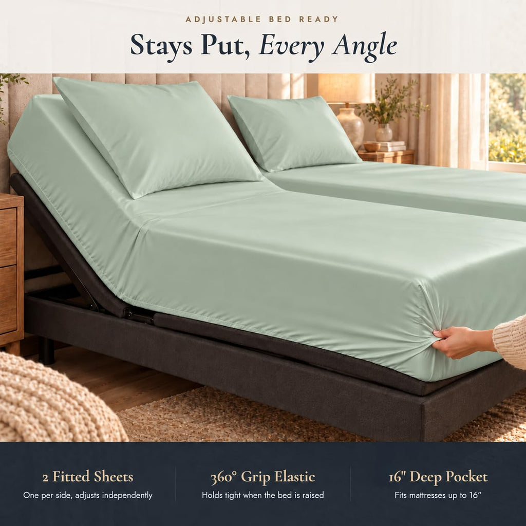 Split King Sheets for Adjustable Bed, 7Pc Egyptian Cotton Bed Sheets, Sage
