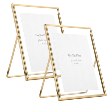 Gold 8x10 Floating Frame 2 Pack, For Photo Sizes(4x6'', 5x7'', 6x8'') Adjustable Tabletop/Shelf Floating Picture Frame