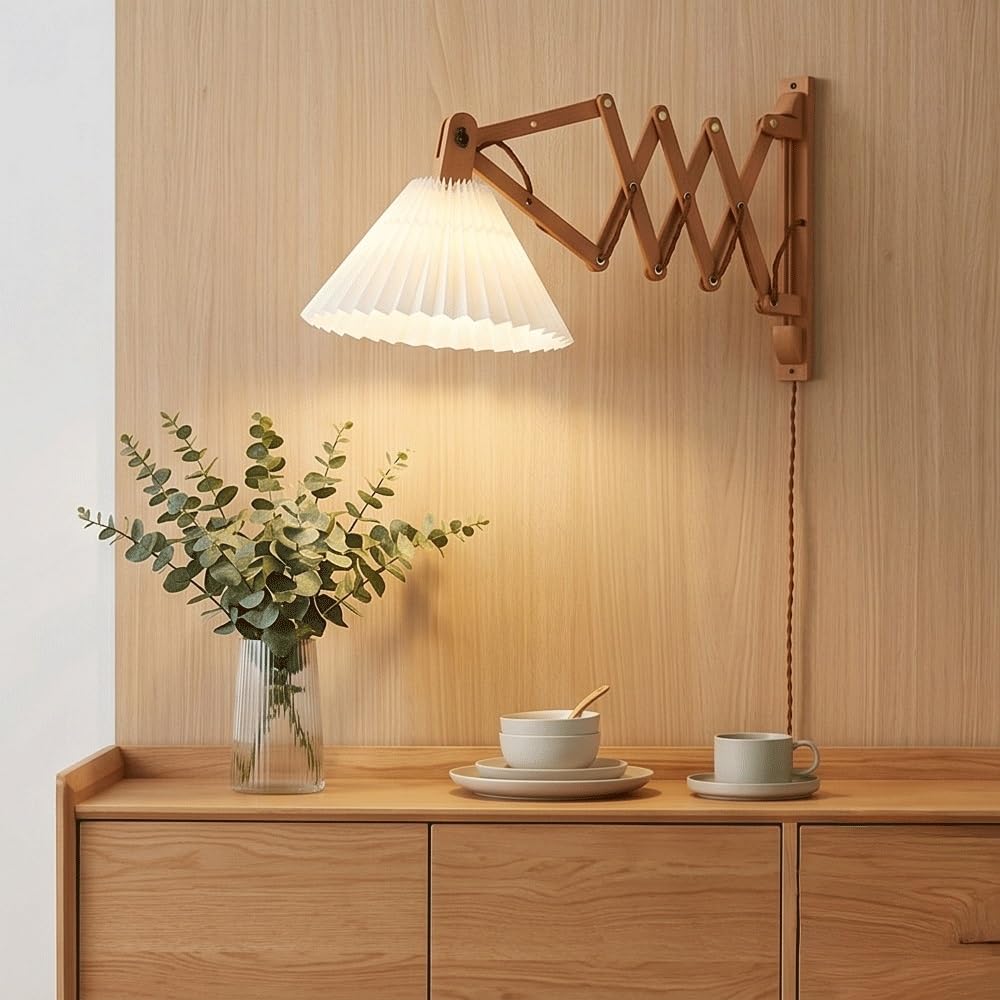 Extendable Wood Wall Sconce Lighting,Mid-Century Accordion Wall Light Fixture,Wall Lamp with Pleated Fabric