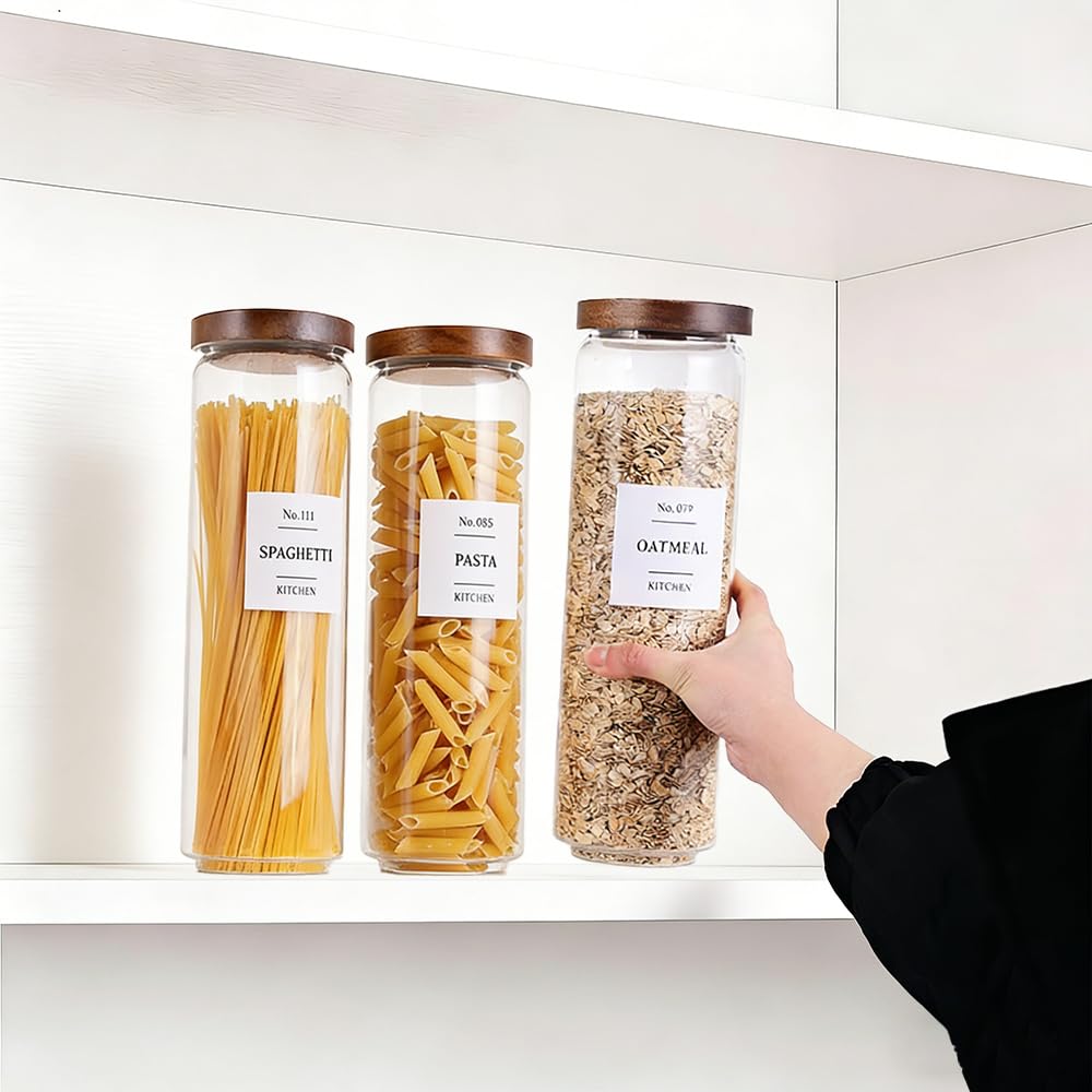 Glass Pantry Storage Jars with Acacia Airtight Lid, 50 OZ Kitchen Canisters with Wood Lid and 132 Pantry Labels, Food