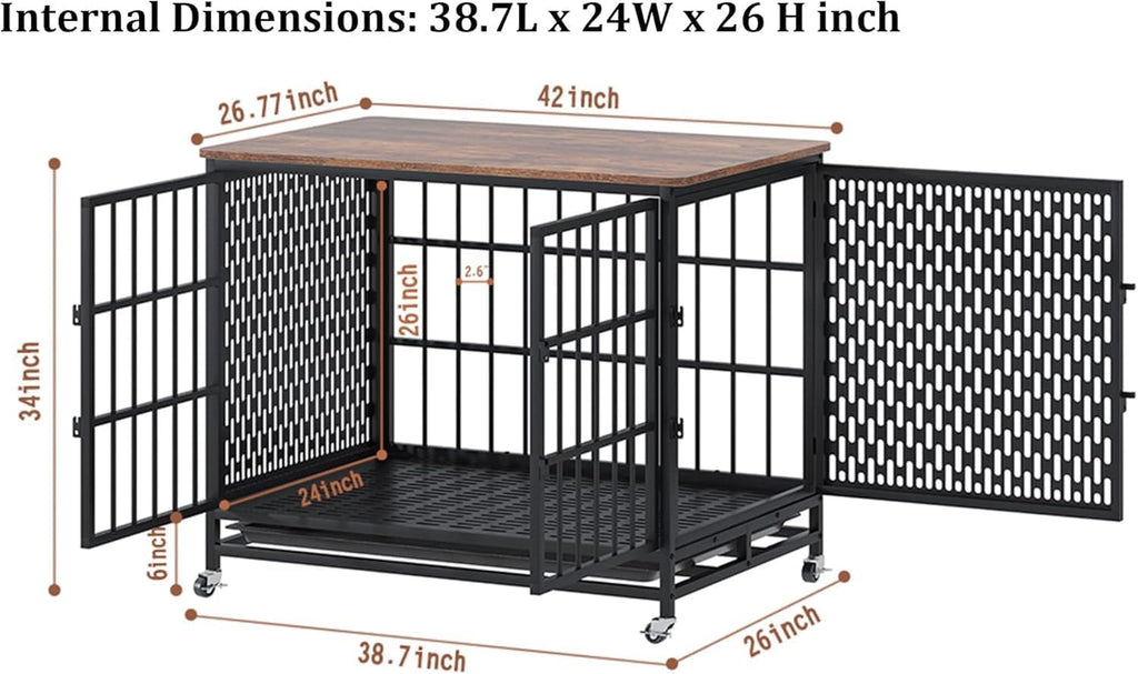 Extra Large Dog Crate Furniture with Removable Trays, 3 Doors, 4 Wheels & 5 Locks - for Medium and Large Dogs