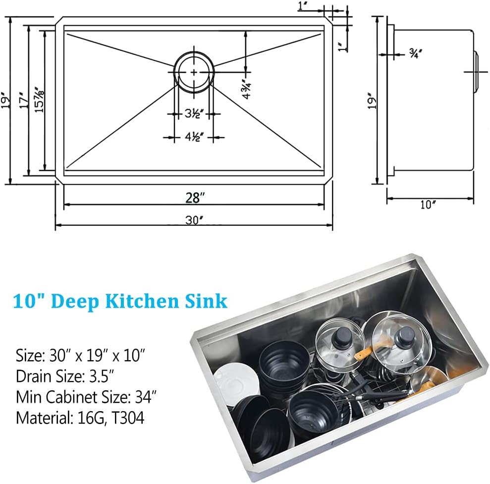 30 Inch Undermount Kitchen Sink Stainless Steel | 30 x 19 Inch Undermount Workstation Sink 16 Gauge 10 Inch Deep