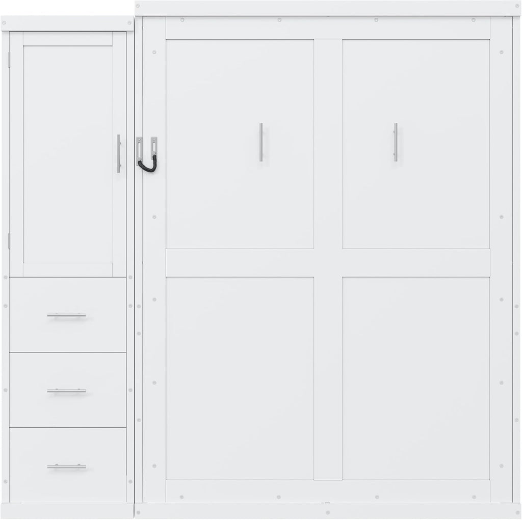 Full Murphy Bed with Wardrobe and Drawers, Space-Saving Wall Bed Frame with Storage Cabinet, Foldable Platform Bed