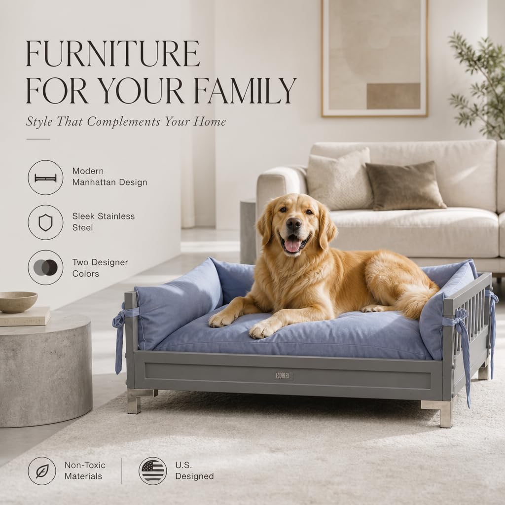 Manhattan Raised Dog Bed, Moisture Resistant Frame with Stainless Steel Accents, Memory Foam Cushion, Grey, Large