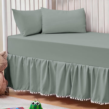 Crib Bed Skirt Gray Pompom Ruffled Dust Ruffle 28x52 Inch 14 Drop