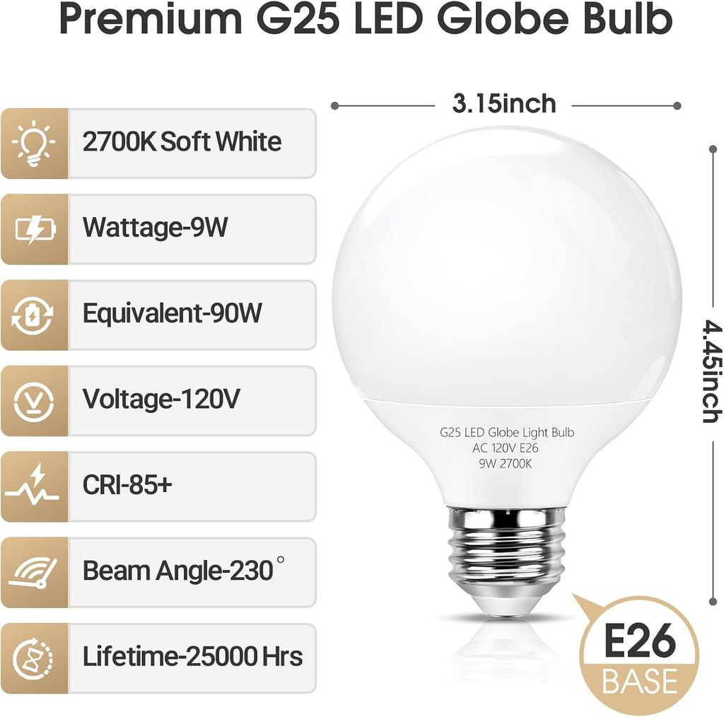 G25 LED Globe Light Bulbs,Dimmable Bathroom Vanity Light Bulbs E26 Base,9W (90W Equivalent), Round Light Bulbs Makeup