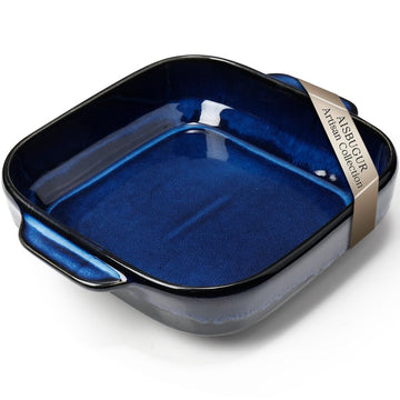 8x8 Baking Pan Ceramic Square Baking Dish with Handle for Brownie 48oz Blue