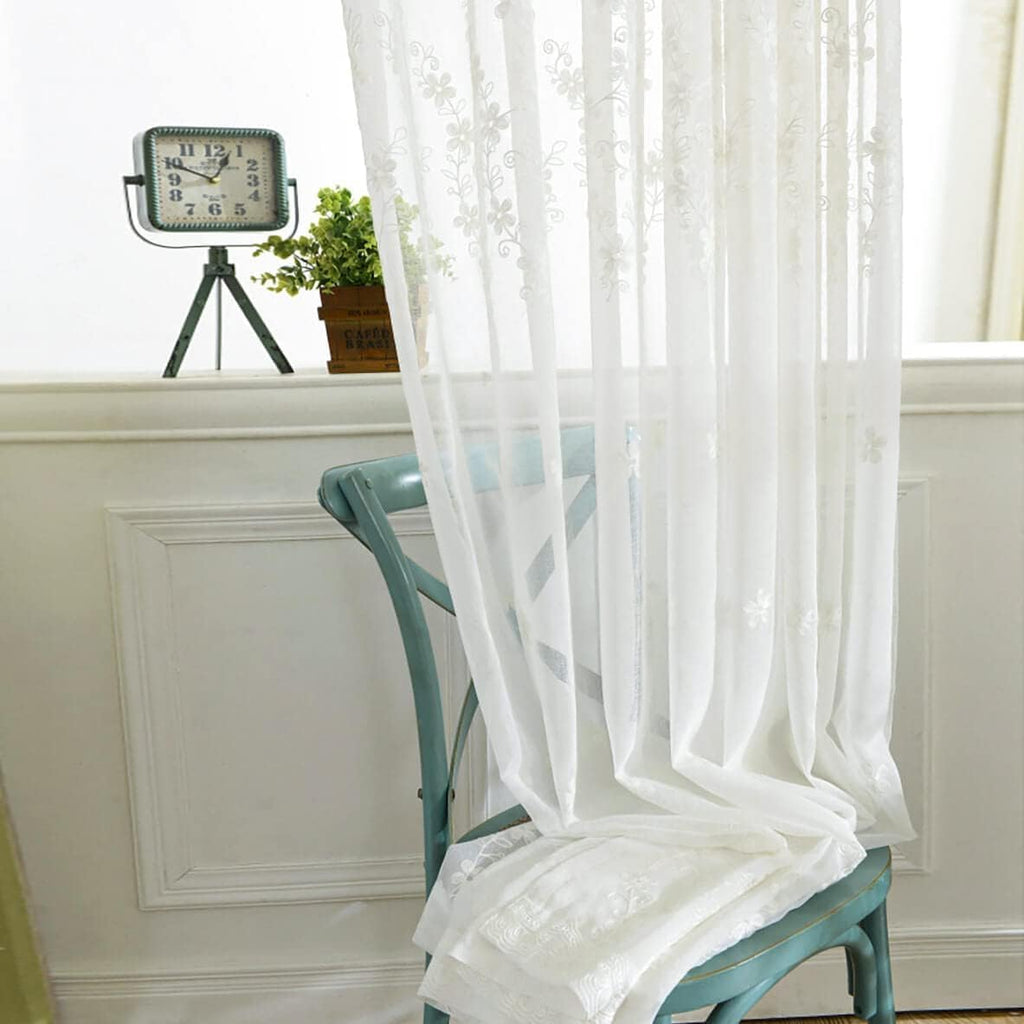White Rod Pocket Sheer Curtains 96 inches Length, Embroidered Window Curtain Sheer Voile Panels , 60x96, Two Panels