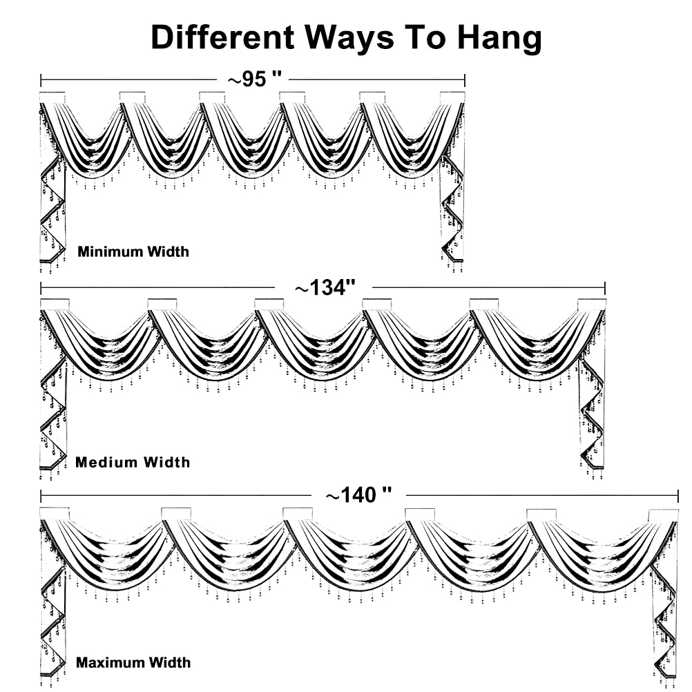 Luxury Silver Grey Chenille Waterfall Valance, 5 Hollow Swags Curtain Valance, Rod Pocket, 1 Panel