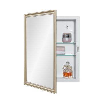 White Medicine Cabinet with 14x18 Inch Gold Frame Mirrored Door, Wall Mounted Storage, Recessed or Surface Mount, 2