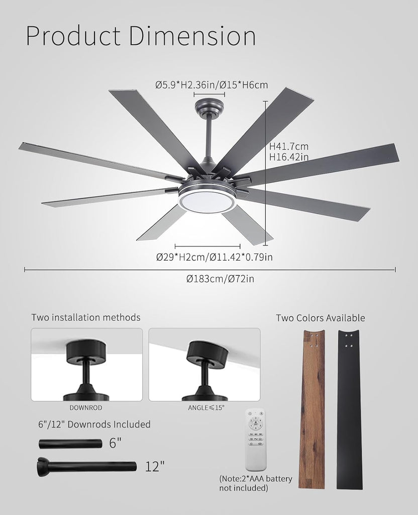 72 Inch Ceiling Fan with Lights and Remote - Large Indoor/Covered Outdoor Ceiling Fan & Covered Patio, Quiet DC Motor