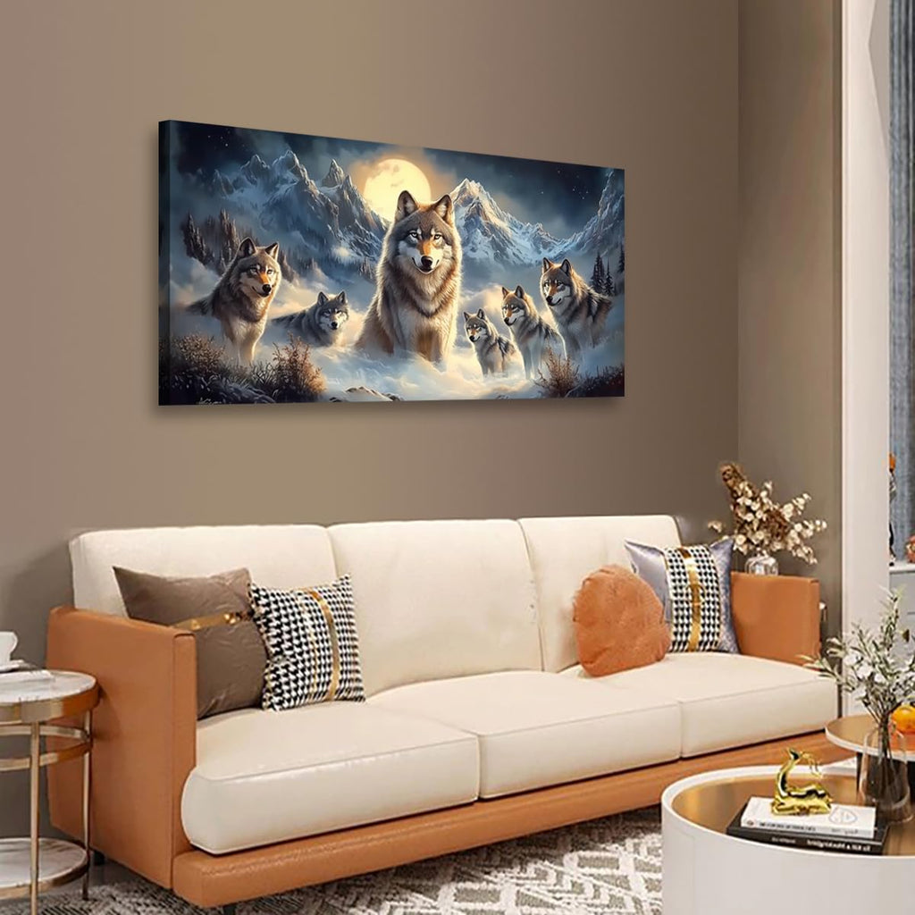 Framed Wolf Wall Art, 40x20 Inch Large Horizontal Mountain Moon Wolves Canvas Prints, Rustic Wildlife Nature Wall