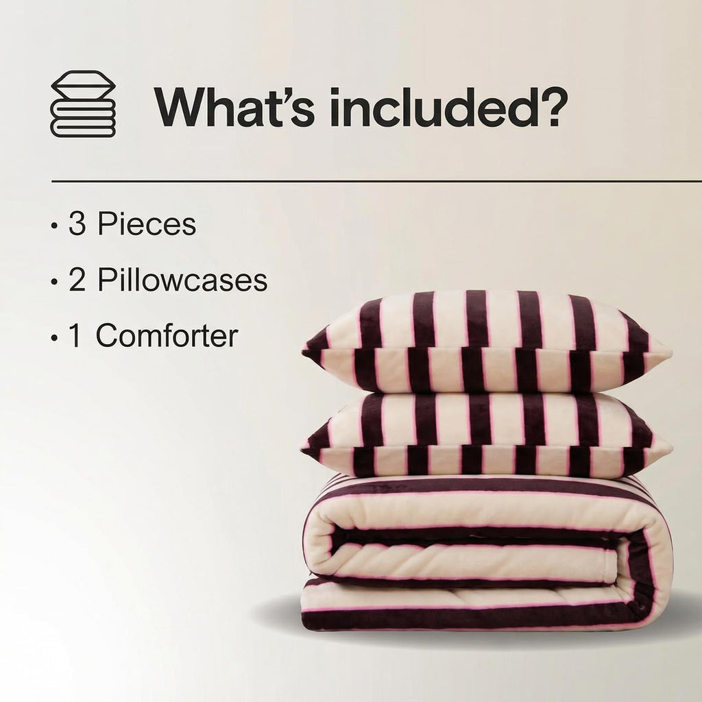 Striped Queen Comforter Set Velvety Fleece Comforter Set Modern Style Striped Beding with 2 Pillowcases Lightweight 3