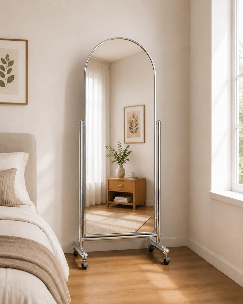 Arched Full Length Mirror with Wheels 65" x 24", Adjustable Tilt Floor Mirror, Tempered Glass Standing Mirror with