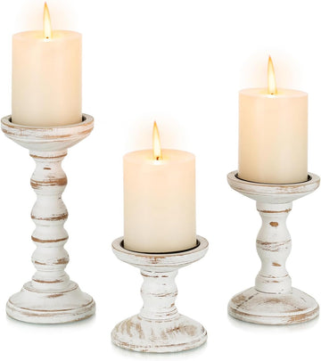 Wood Candle Holder for Pillar, White Farmhouse Fireplace Decor | Set of 3, Table Centerpiece, Tall Shabby Chic Decor