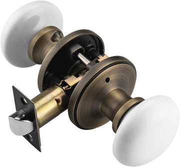 White Door Knobs, Antique Brass Porcelain Door Handle with Push Lock