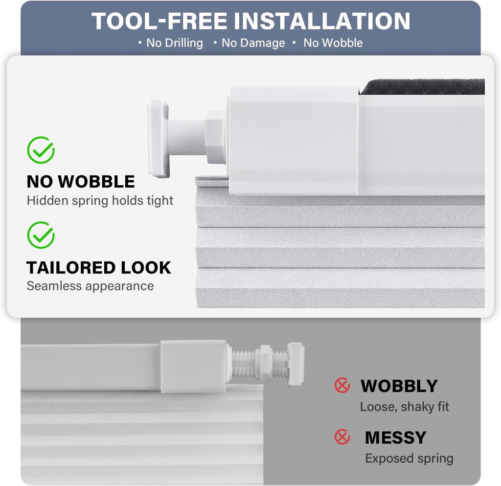 No Drill Cordless Blackout Cellular Shades, White | No Tools Honeycomb Blinds for Indoor Windows, Free-Stop Blackout