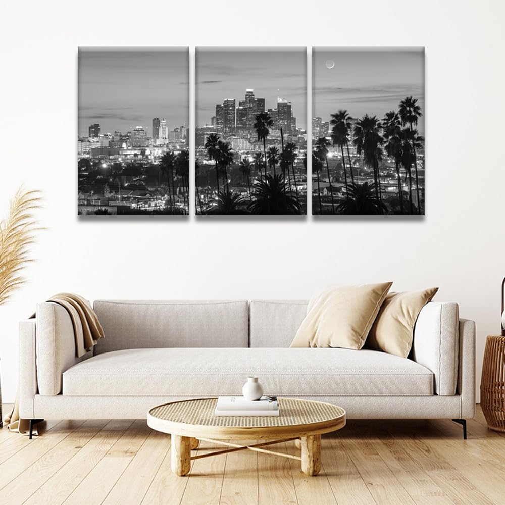 3 Piece California Skyline Black and White Wall, Los Angeles City Skyline Panorama at Dusk with Urban Skyscrapers