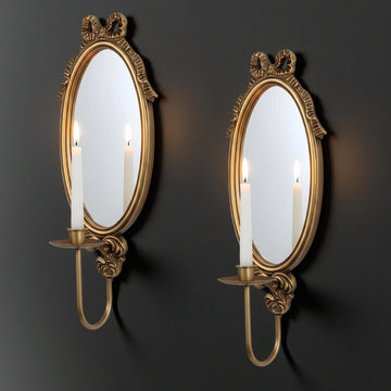 Vintage Gold Wall Sconce Mirror Candle Holders, Oval Decorative Mirrored Sconces with Candle Cup, 18.11 x 6.69inch
