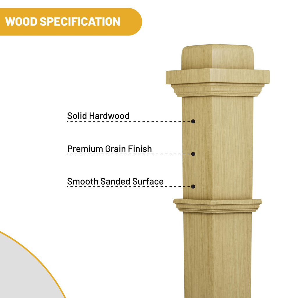 Poplar Box Newel Post 3.5" x 58", Hollow Box Newel Wood Balusters for Staircase Interior, Square Design, 3⁄4" Thick