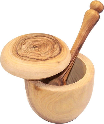 Olive wood Salt Cellar with Olive wood long Spoon set (3 Inch Cellar and 5 Inches spoon) - Asfour Outlet Trademark - Set of 3
