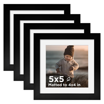 5x5 Frame Black Set of 4 Wooden Square Photo Frames Matted 4x4