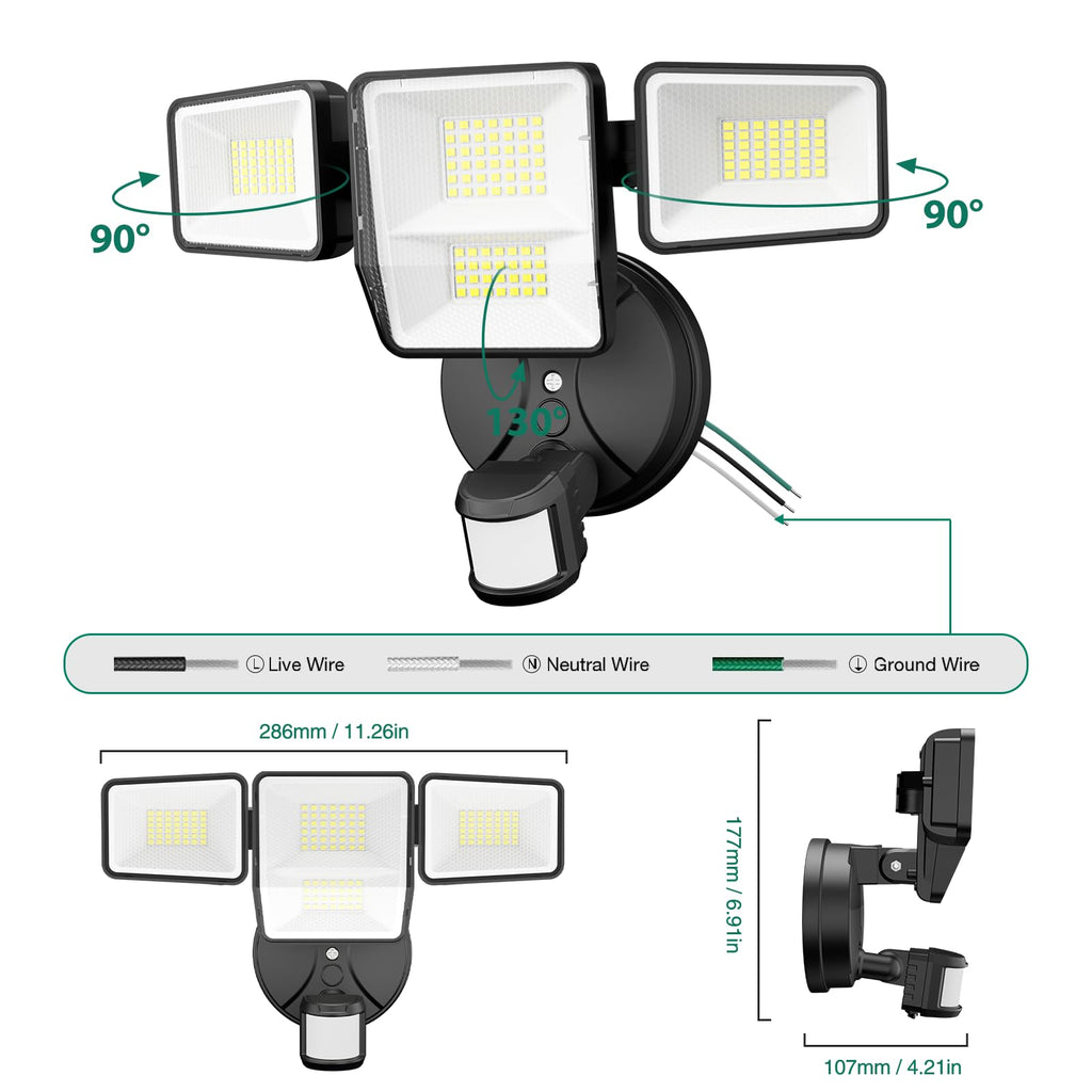 70W Security Lights Outdoor, 4-Head LED Motion Sensor Flood Light, 6500K Daylight, IP65 Waterproof, 3 Modes