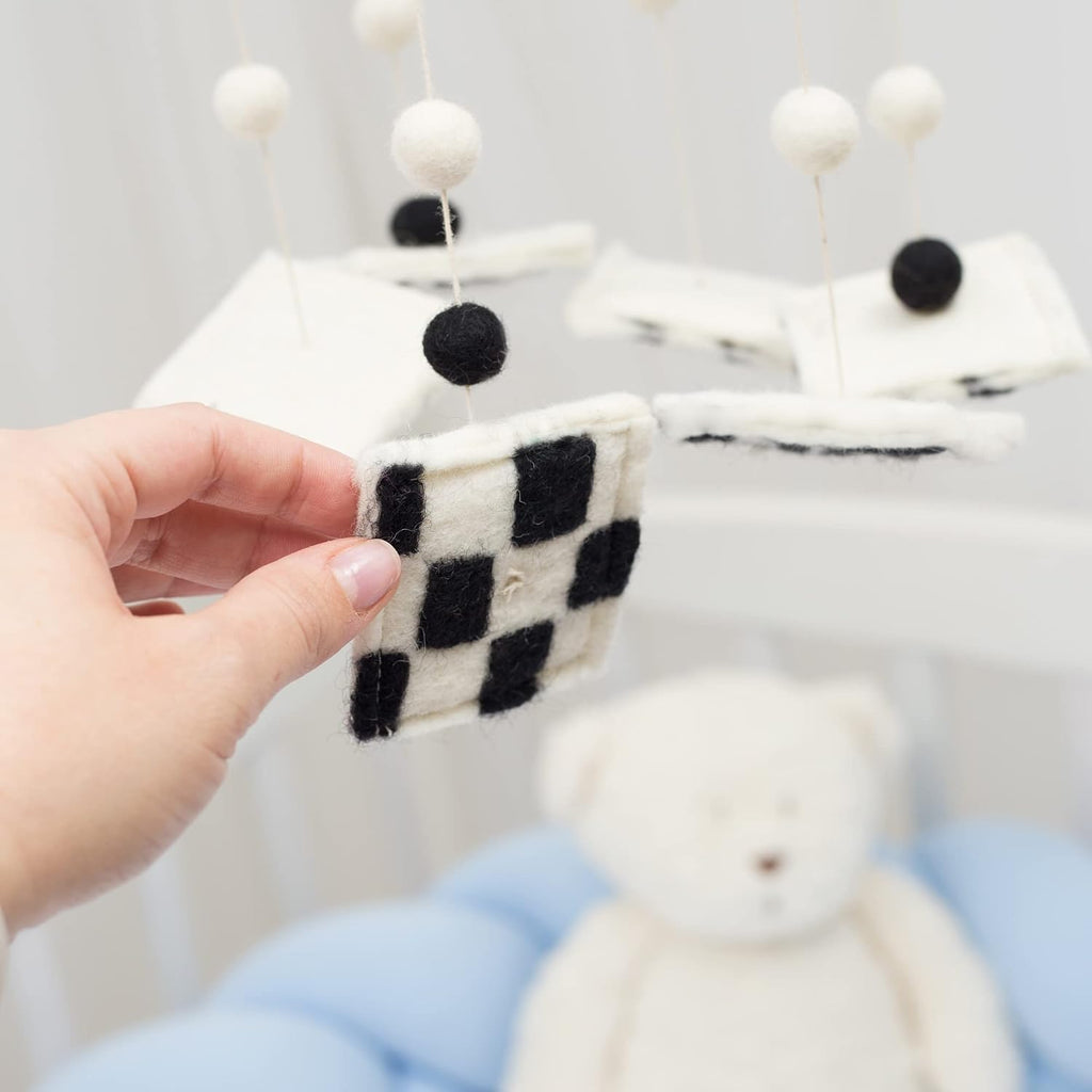 Black and White Baby Crib Mobile | Safe High Contrast Wool Toys, Neutral Room Decor for Boy & Girl | Develops