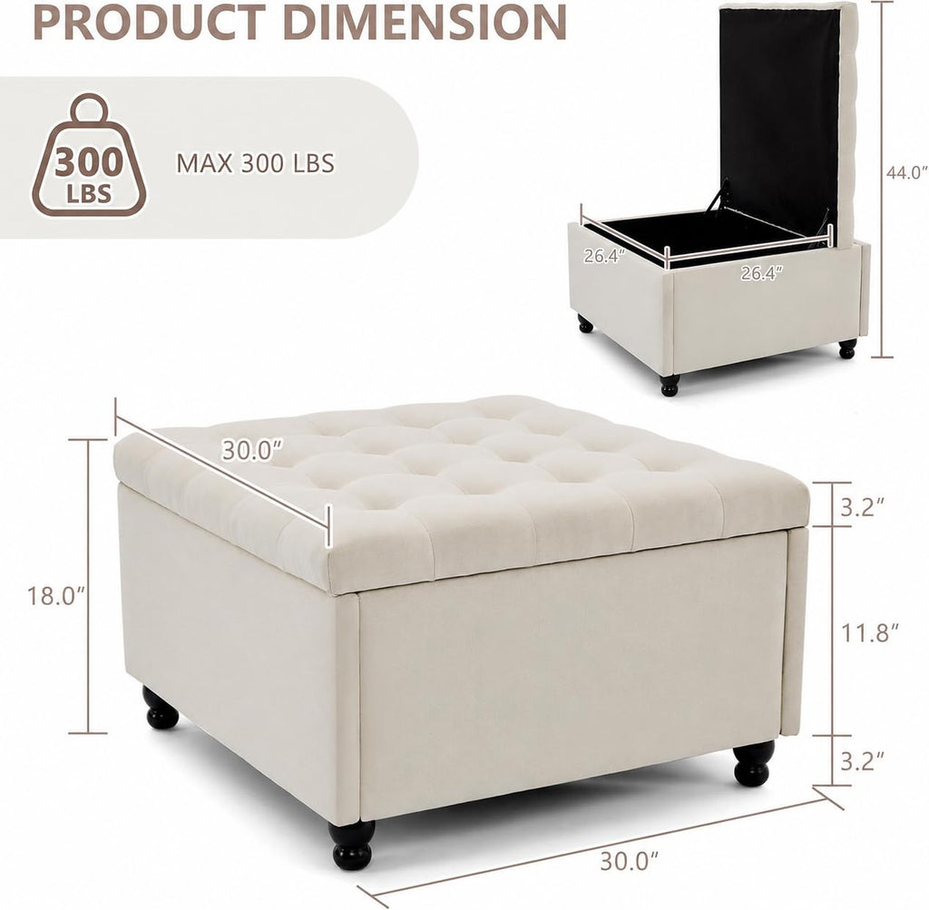 30" Large Square Ottoman with Storage, Fabric Ottoman Coffee Table, Beige