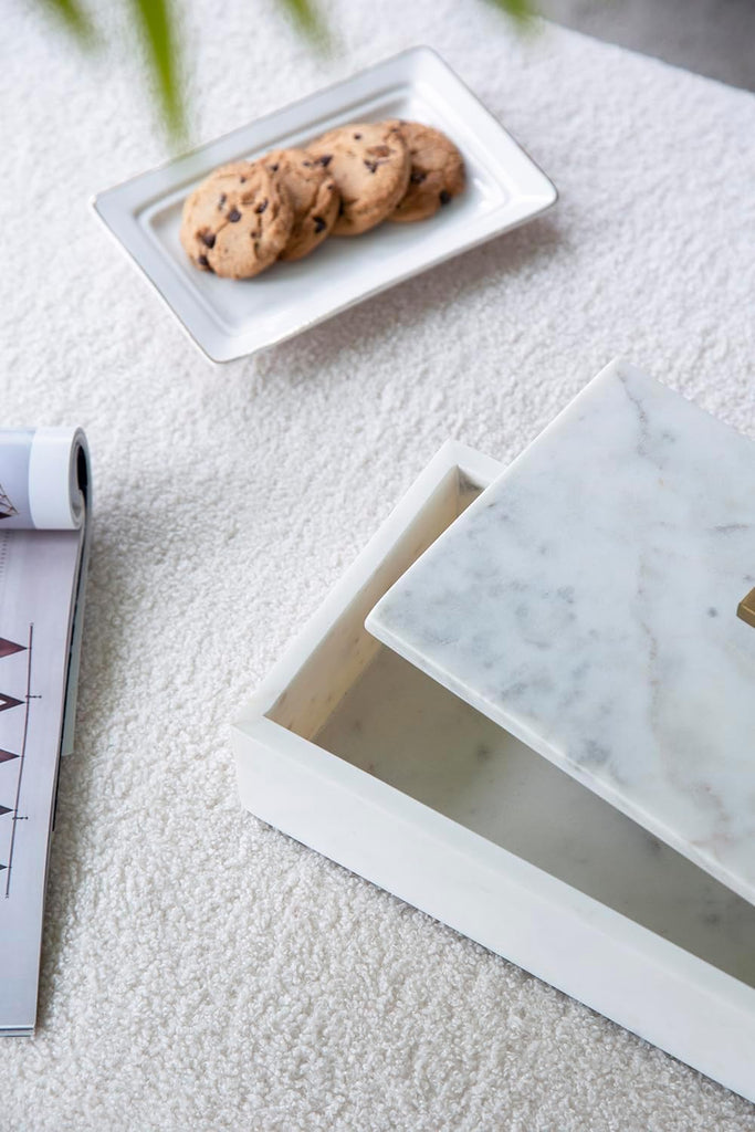 White Marble Rectangular Box with Brass Handle, Contemporary Accent Box, Storage Box, Removable Lid, 14.5" x 7"
