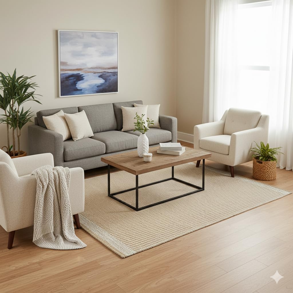Jute & Wool Area Rug Handwoven Mini Check Pattern with 4-Inch Border - Natural Farmhouse Living Room, Dining