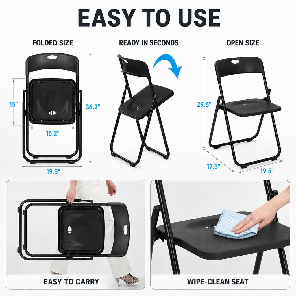 40 Pack Black Plastic Folding Chairs, Portable Foldable Chair