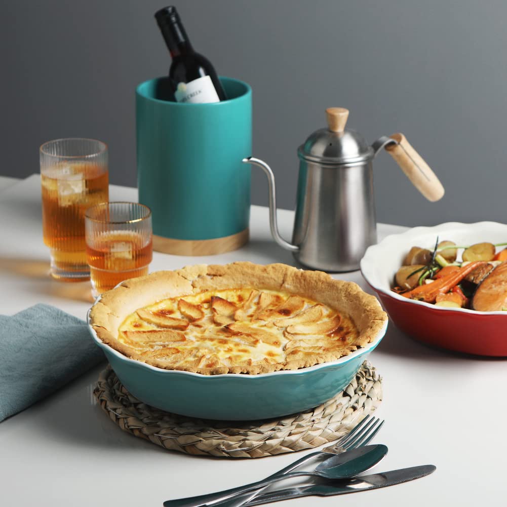 Ceramic Pie Pan - 10 Inch Round Baking Dish for Dinner, Non-Stick with Soft Wave Edge for Apple, Pumpkin, Pot Pies