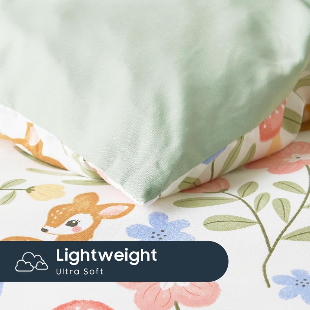 Floral Bedding Set for Girls, Cute Colorful Botanical Flowers Deers Patterned Soft Lightweight Comforter Set with Sheets, 5 Pieces Kids Bed in a Bag, Green Cream, Twin Size