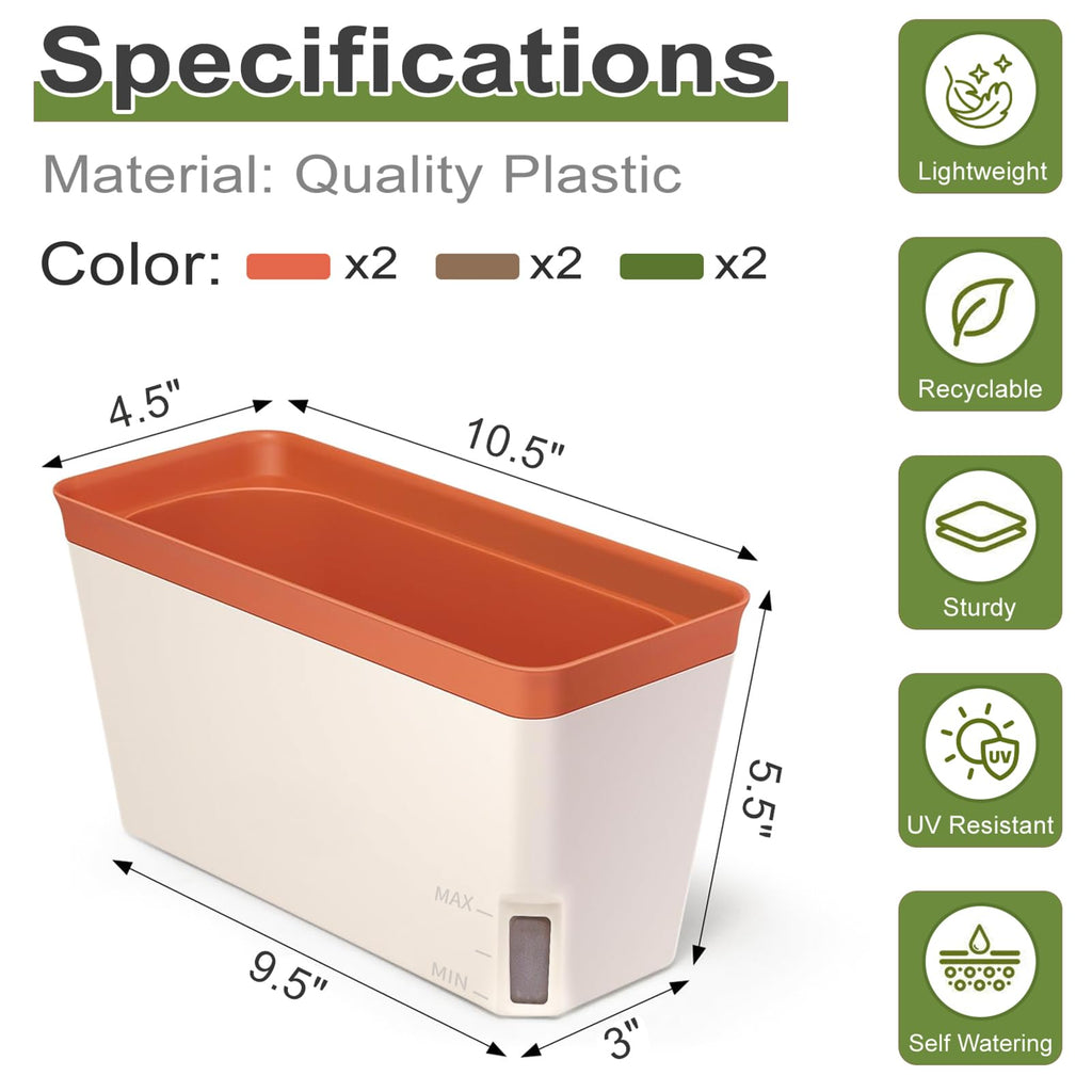 Rectangular Windowsill Planter, Self Watering Pots for Indoor Plants, 6 set