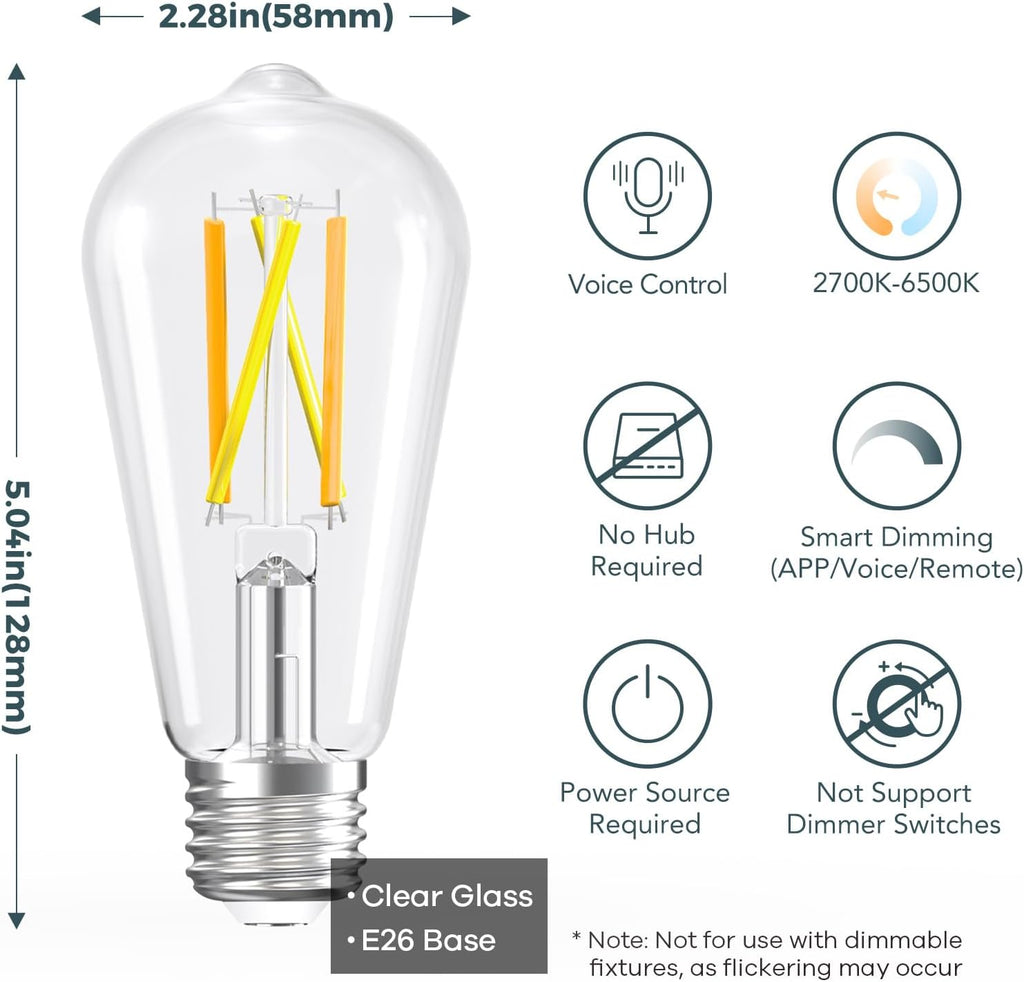 Smart Edison Bulbs, 2700K-6500K Tunable WiFi Edison Bulbs+Matter Smart Bulbs