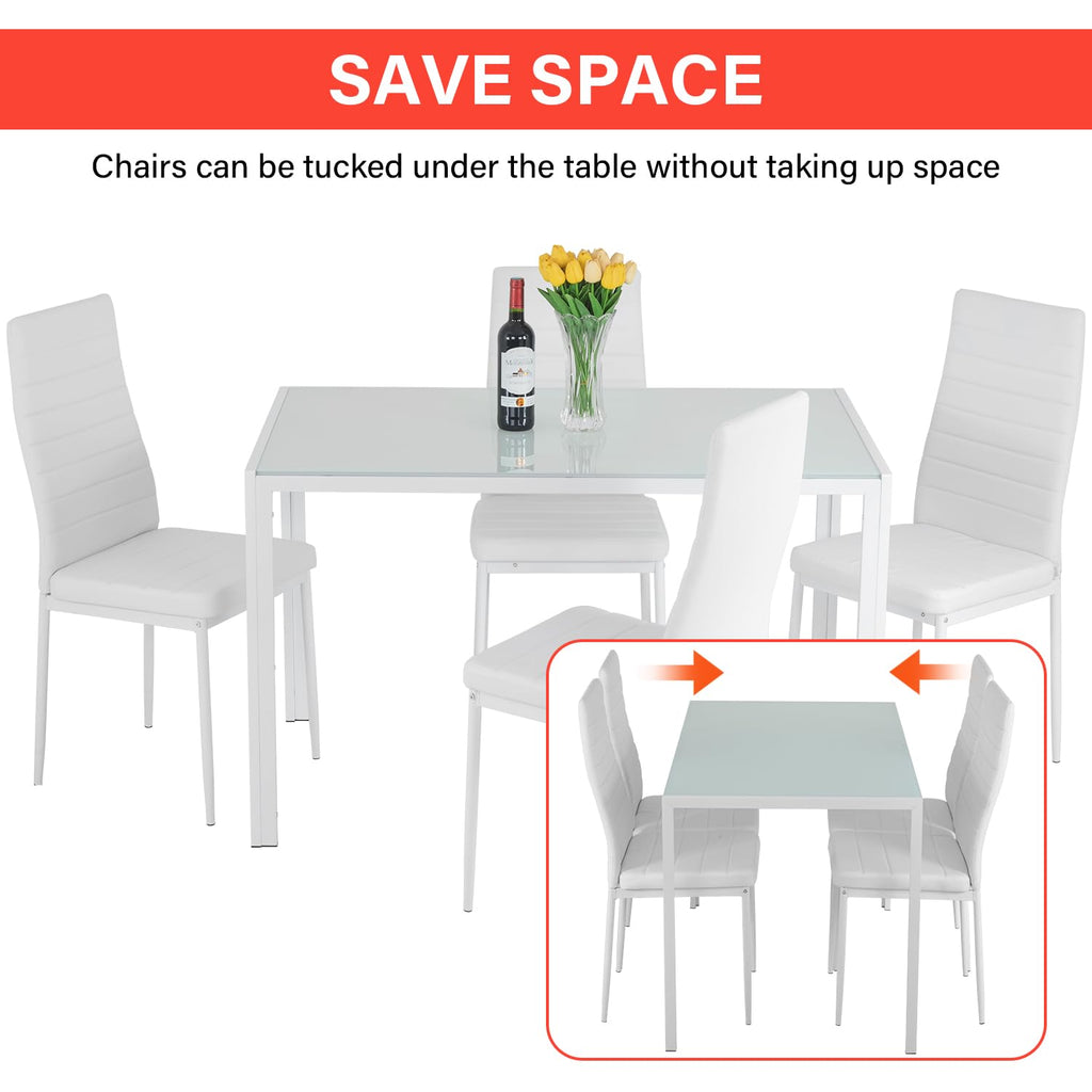 5-Piece Dining Table Set | White | Glass Kitchen Table