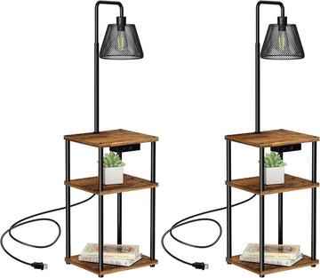 Floor Lamp with Table, Side Table with USB Charging Port and Outlet, Modern Bedside Nightstand End Table with Floor