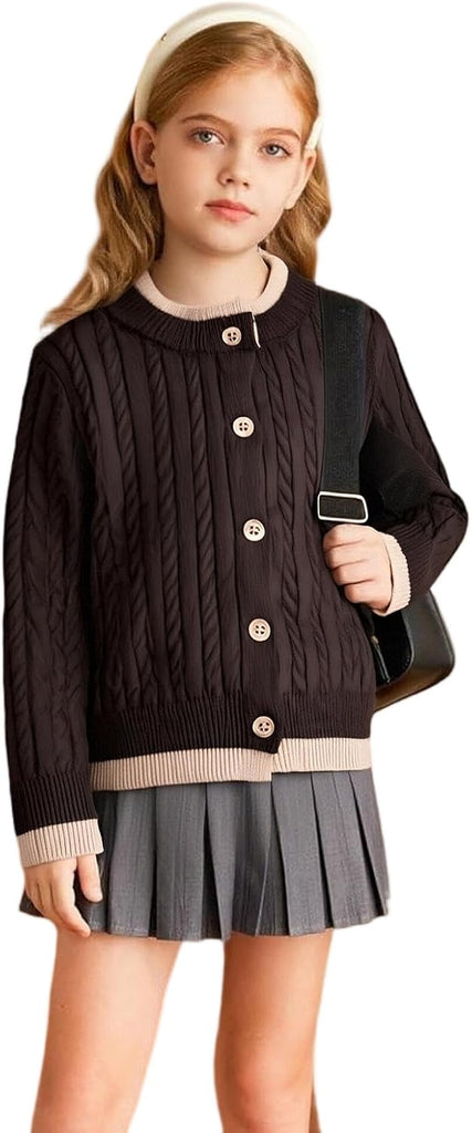 Girls Fake Two-Piece Cardigan Cable Knit Sweater Kids Cute Coat