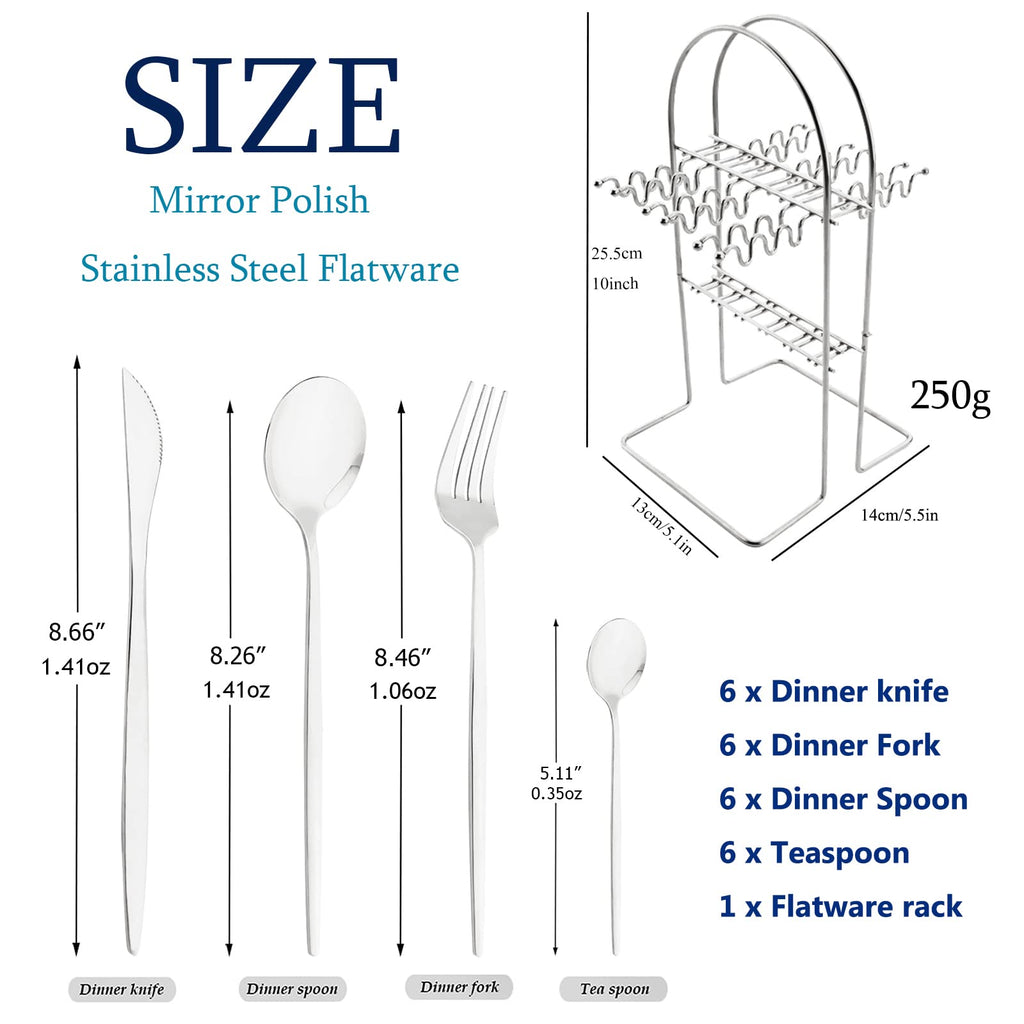 White Silver 24Pcs Flatware Set With Stand, Lightweight Dinnerware Set Stainless Steel Cutlery With White handles