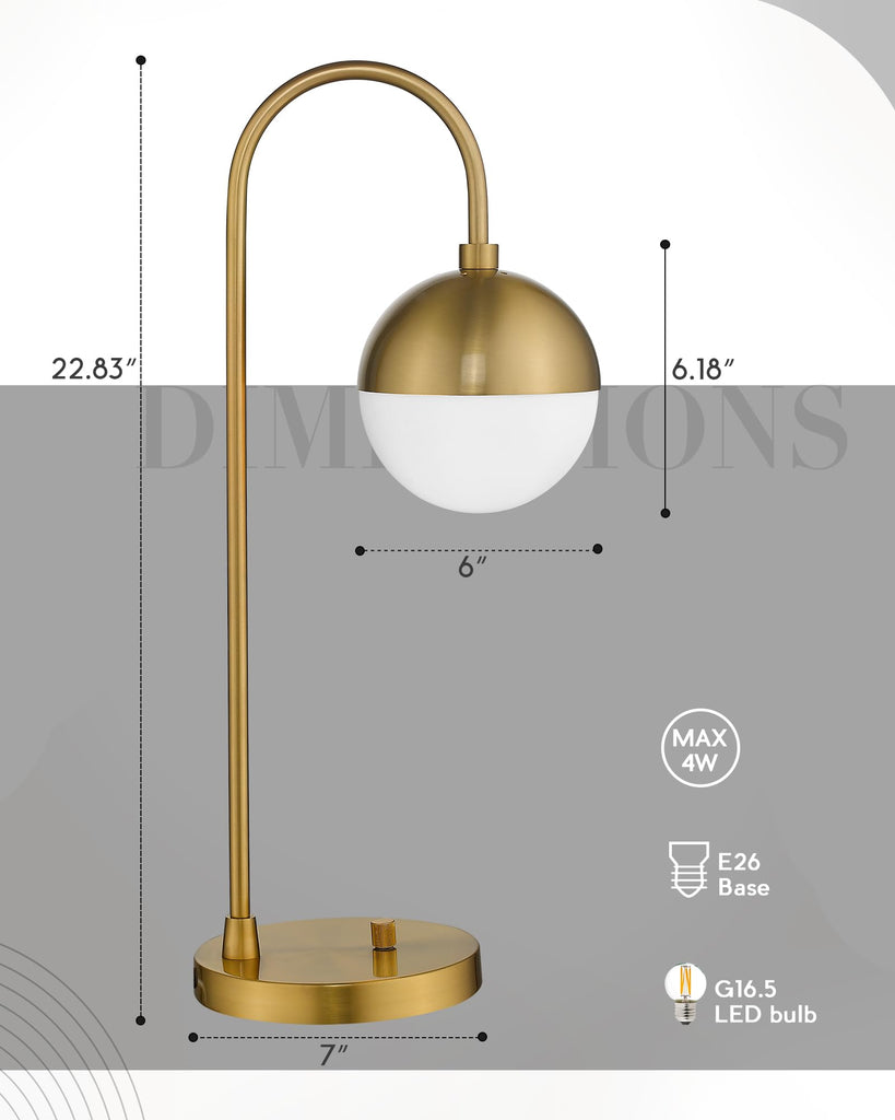 Modern Gold Table Lamp with White Glass Globe, Gold Desk Light Bedside Lamp with Brushed Brass Finished Office