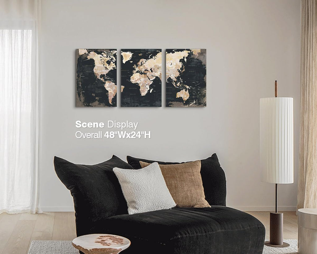 Office Wall Art Bedroom Framed Black Vintage World Map