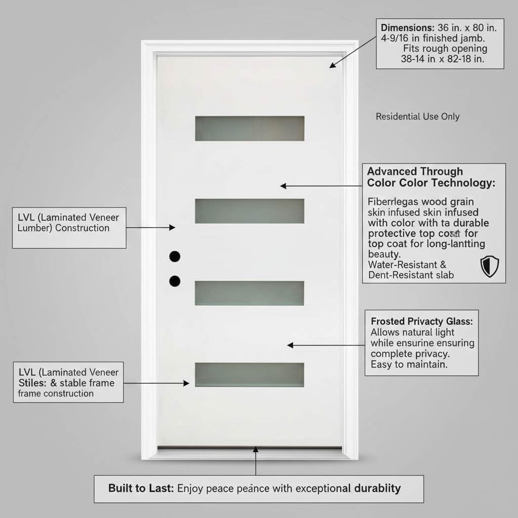 36 x 80 Fiberglass Entry Door, Modern Front Door with 4-Lite Frosted Glass, Exterior Entry Door for Home, Right Hand