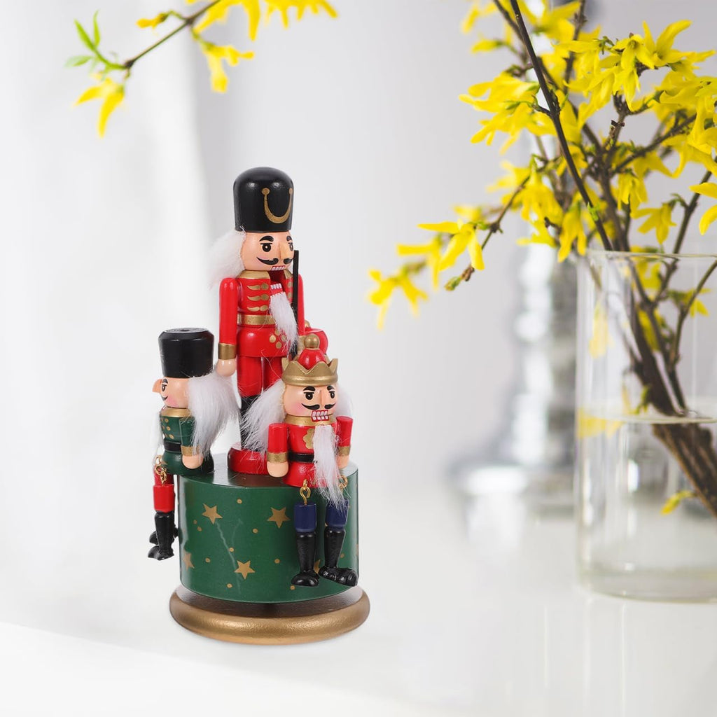 Wooden Nutcracker Music Box Clockwork Wind Up Musical Carousel Nutcracker Puppets Music Toy Nutcracker Soldier
