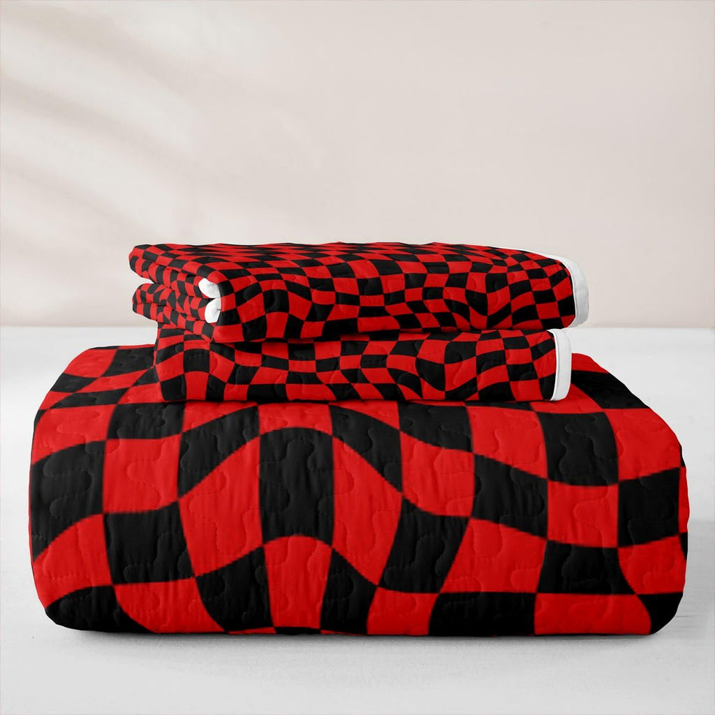 Buffalo Plaid Quilts - Red and Black Bedspread Coverlet Set, Geometric Wavy Grid Quilt Coverlets 3 Pieces