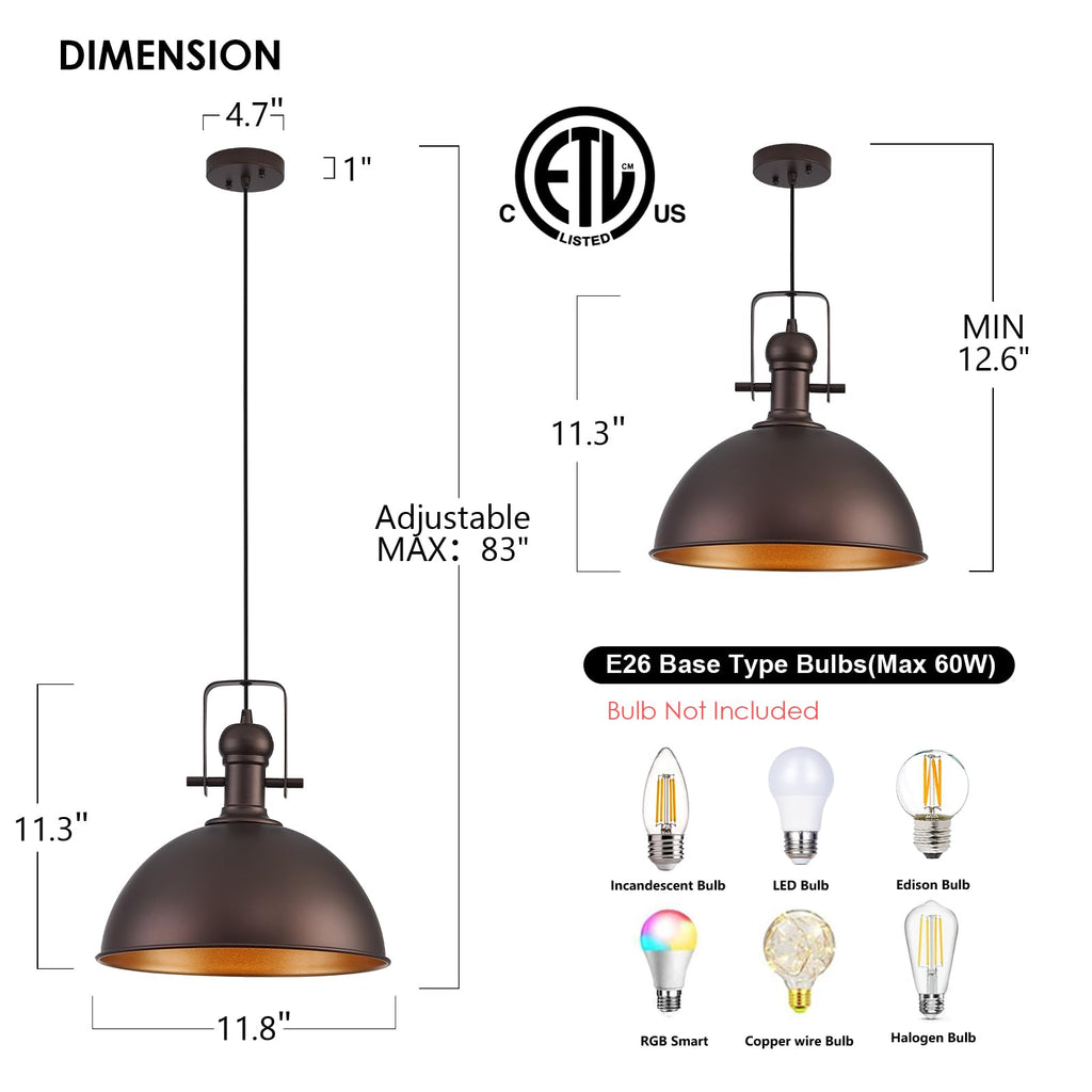 12 Inch ORB Farmhouse Pendant Lights Island 2 Pack